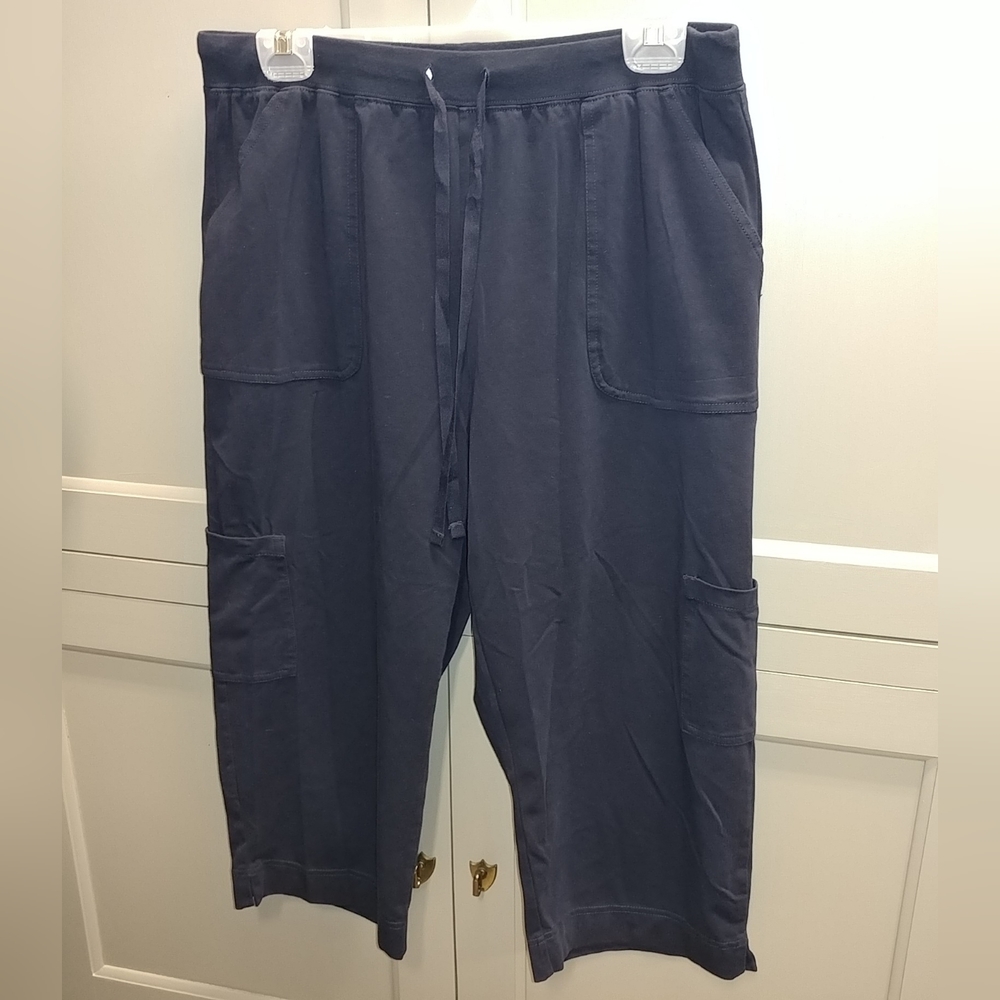 Basic Editions Capri Draw String Pants Navy Blue Women's Large Front Pockets